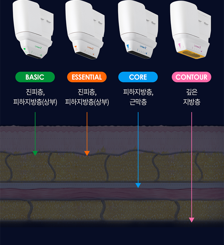 BASIC - 진피층, 피하지방층, ESSENTIAL - 진피층, 피하지방층, CORE - 피하지방층, 근막층,  CONTOUR - 깊은 지방층